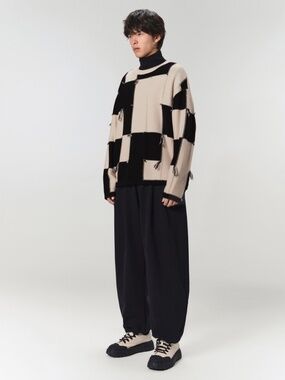 JNBY Black and Cream Checkerboard Wool Sweater, Unisex, Size Large